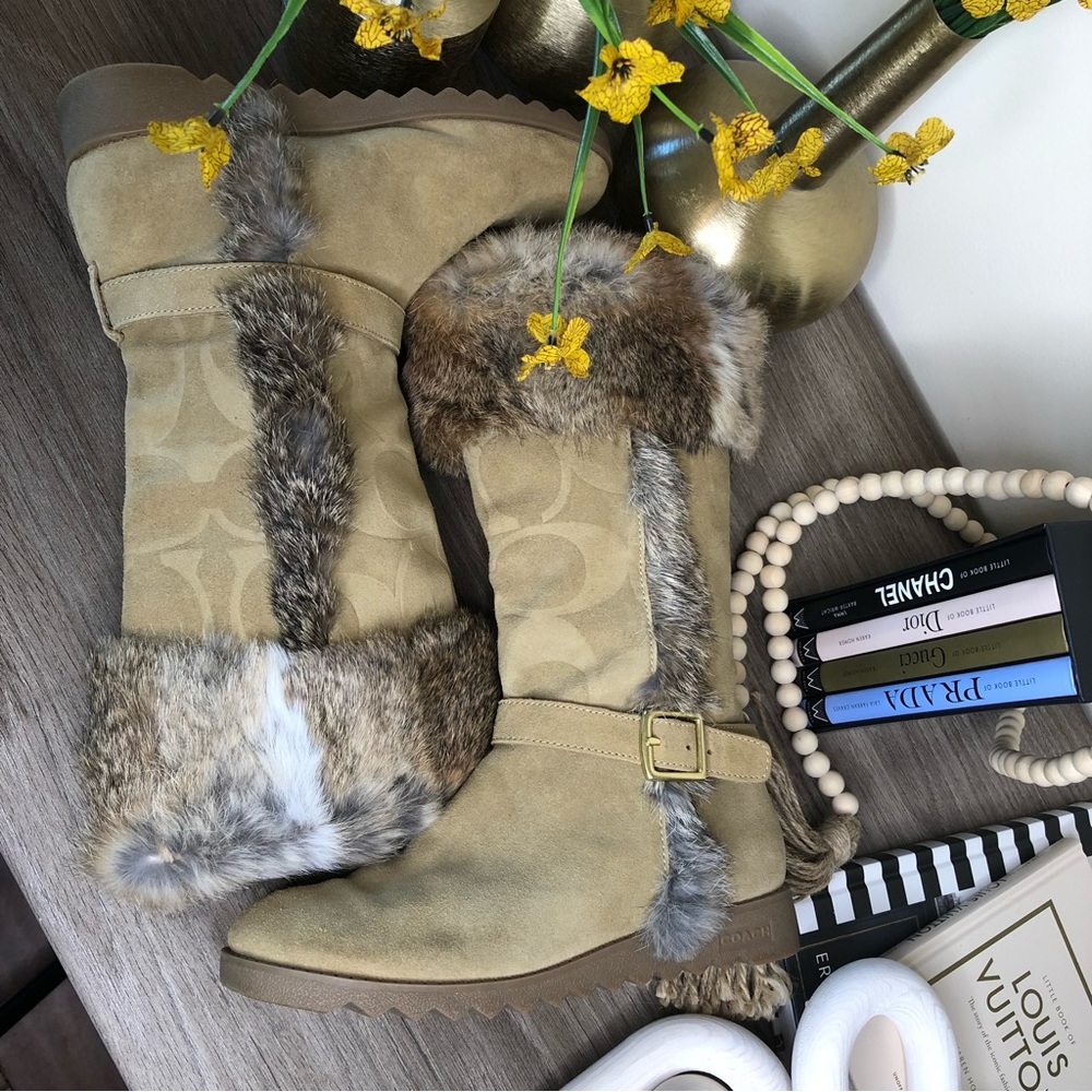 COACH Deeann Rabbit Fur Trim Camel/Tan Suede Leather Buckle Detail Long Boots 7